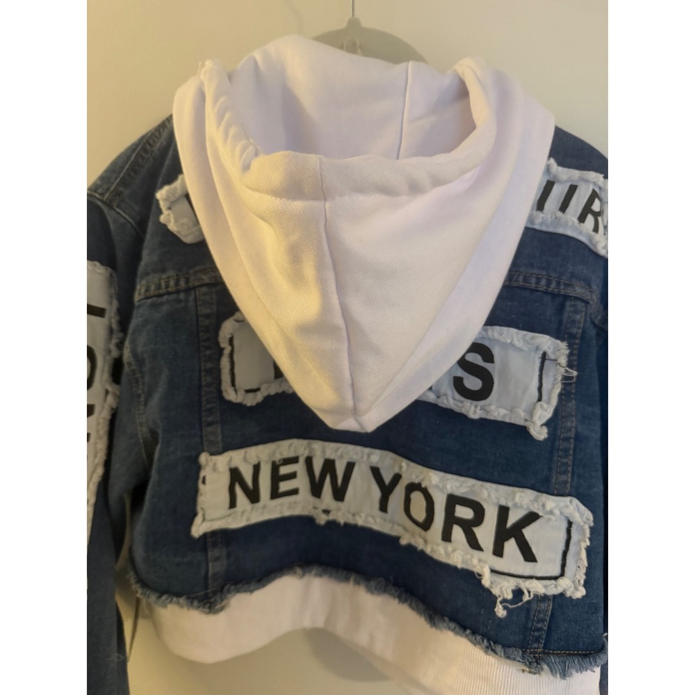 American Bazi Women Cropped Hoodie Denim Jacket Fashion Tour Blue White - Picture 3 of 13